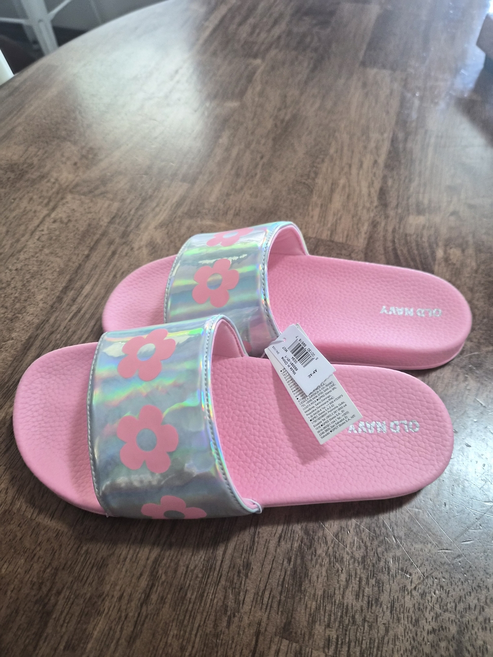 Old Navy Pink Holographic Flower Slide Sandals